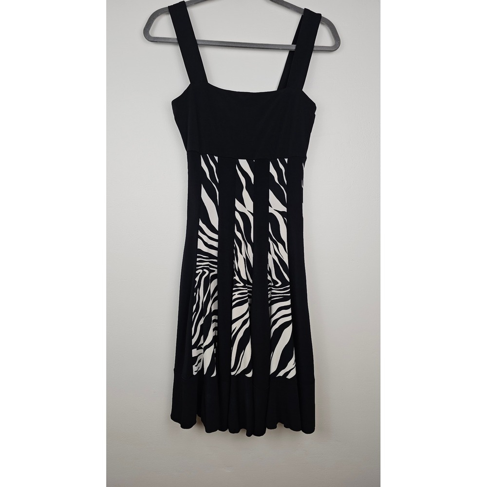 Vintage Lily Dress Women Small Black White Zebra Print Fit & Flare Midi 90s Y2K